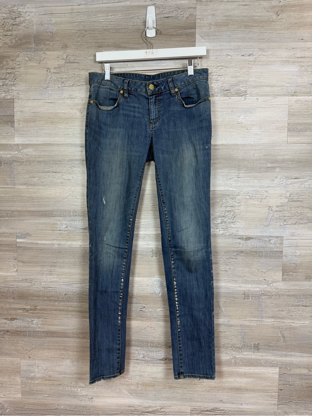 Tory Burch Legging Jeans Size 28 Medium Wash Studded Paint Splatter Denim